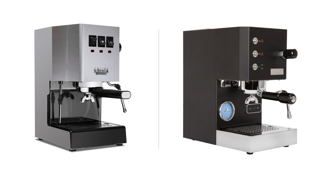 Gaggia Classic Pro E24 and Profitec GO espresso machines side by side