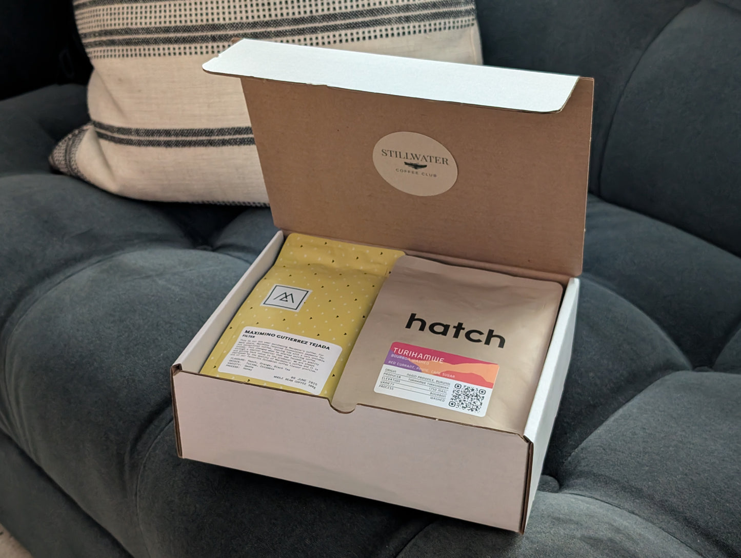 An opened box from a Stillwater Coffee Club subscription