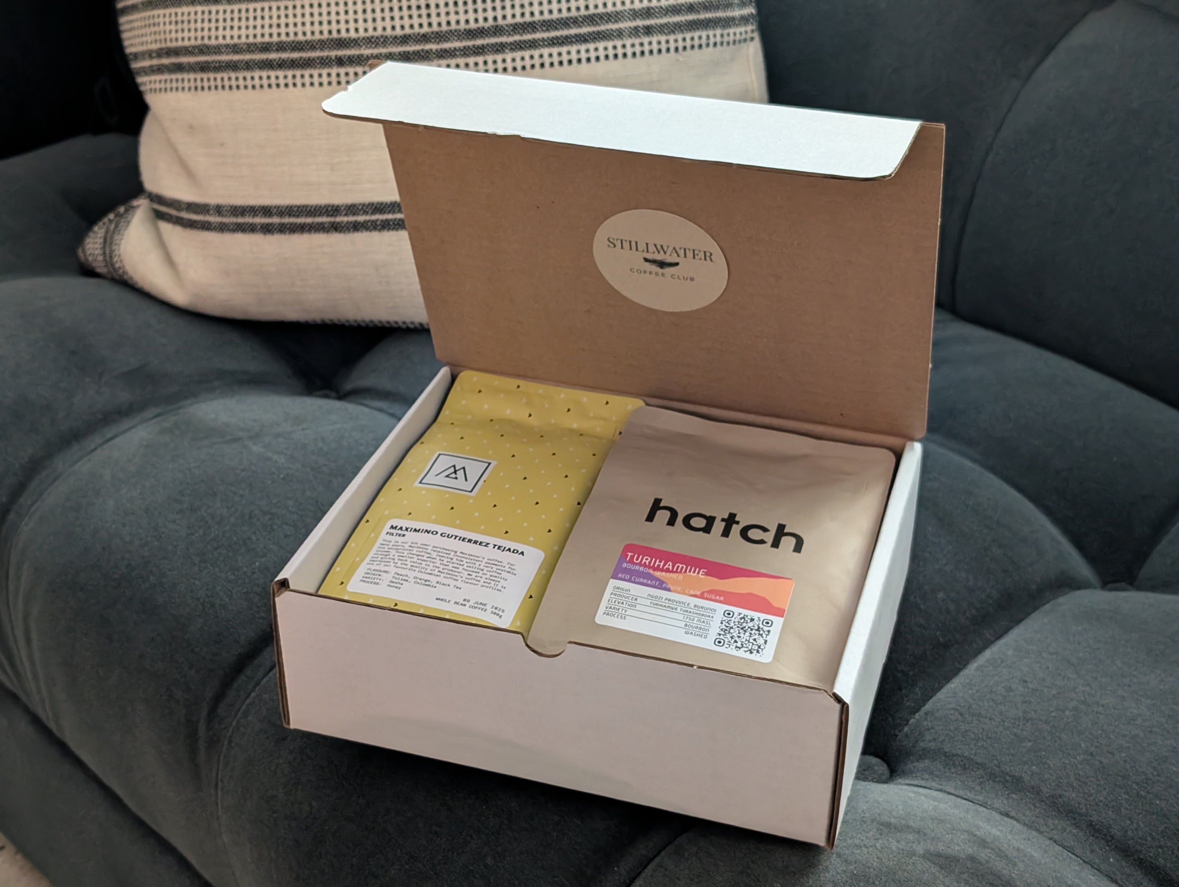 An opened box from a Stillwater Coffee Club subscription