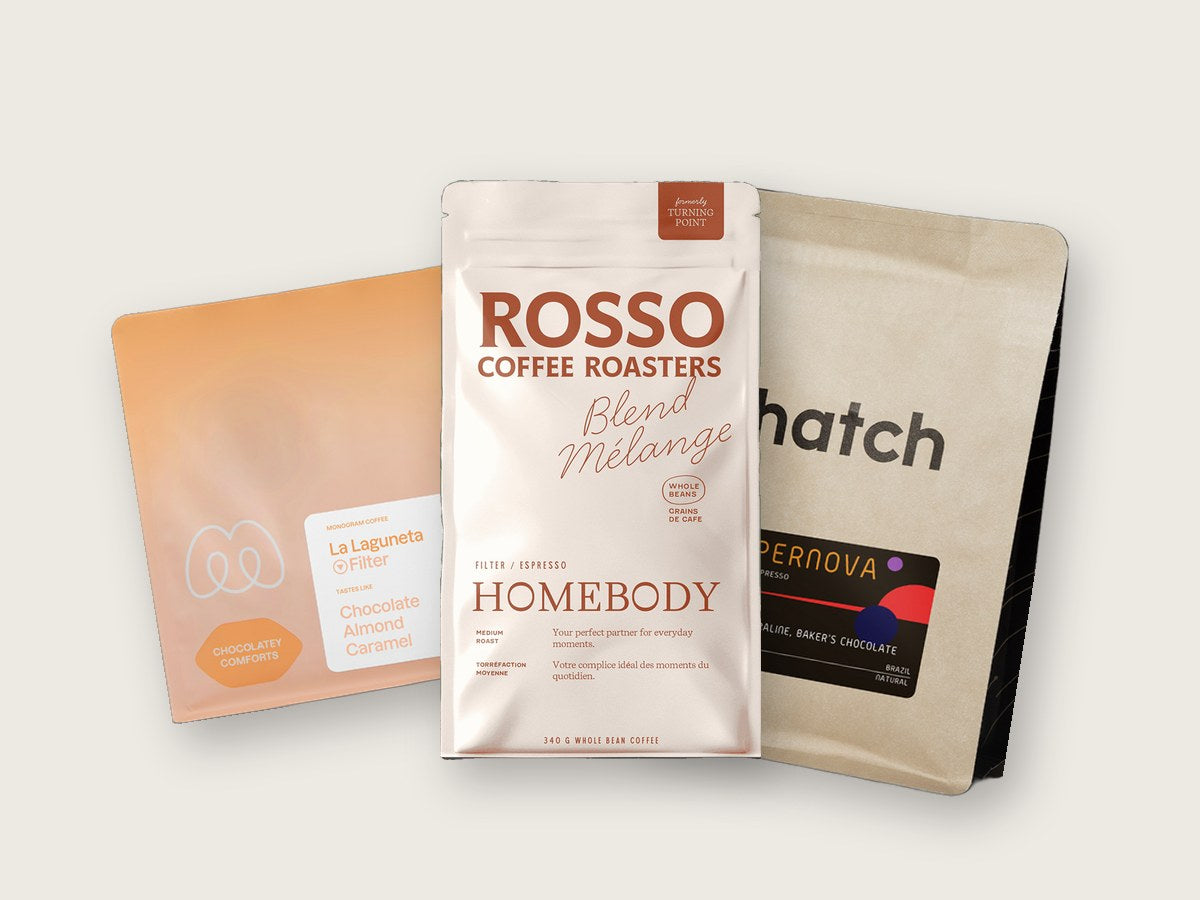 Three bags of coffee from Canadian roasters, including Rosso and Hatch